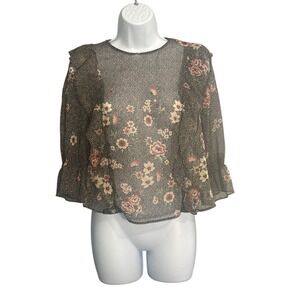 Zara Sheer Floral Ruffle Blouse Top Women's XS Black  Flutter Sleeve‎